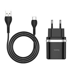 Зарядное устройство Hoco C12Q (черный)+кабель micro USB