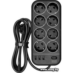 Powercom SP-08 USB03AB (3 м, 8 розеток, черный)